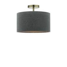 Riva 1 Light E27 Antique Brass Semi Flush Ceiling Fixture C/W Grey Velvet Drum Shade With Self Coloured Cotton Lining