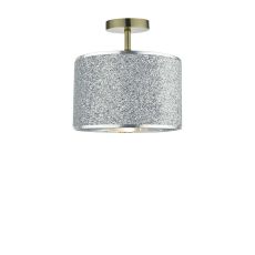 Riva 1 Light E27 Antique Brass Semi Flush Ceiling Fixture C/W Silver Flitter Finish Shade Shade With A Silver Inner