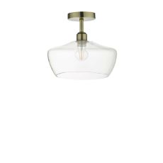 Riva 1 Light E27 Antique Brass Semi Flush Ceiling Fixture C/W Clear Hand Blown Glass Shade