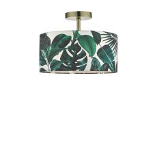Riva 1 Light E27 Antique Brass Semi Flush Ceiling Fixture C/W Green Palm Print Drum Shade On A White Background Complete With A White Cotton Diffuser