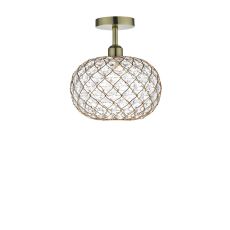 Riva 1 Light E27 Antique Brass Semi Flush Ceiling Fixture C/W Gold Finish Frame Shade With Faceted Acrylic Heptagonal Beads