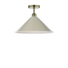 Riva 1 Light E27 Antique Brass Semi Flush Ceiling Fixture C/W Taupe Metal Shade With White Inner