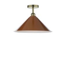 Riva 1 Light E27 Antique Brass Semi Flush Ceiling Fixture C/W Red/Umber Metal Shade With White Inner