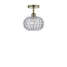 Riva 1 Light E27 Antique Brass Semi Flush Ceiling Fixture C/W Chrome Finish Frame Shade With Faceted Crystal Glass Sqaure Shaped Beads
