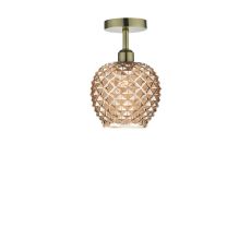 Riva 1 Light E27 Antique Brass Semi Flush Ceiling Fixture C/W Champagne Diagonal Cut Glass Shade
