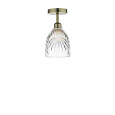 Riva 1 Light E27 Antique Brass Semi Flush Ceiling Fixture C/W Clear Cut Glass Shade With Palm Leaf-Style Engravings