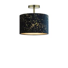 Riva 1 Light E27 Antique Brass Semi Flush Ceiling Fixture C/W Navy Blue Velvet Shade With Gold Speckle Pattern Finish