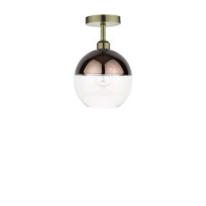 Riva 1 Light E27 Antique Brass Semi Flush Ceiling Fixture C/W Bronze & Clear Glass Globe Shade