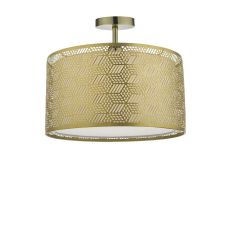 Riva 1 Light E27 Antique Brass Semi Flush Ceiling Fixture C/W Gold Finish Metal Drum Shade With Intricate Geometric Piercings