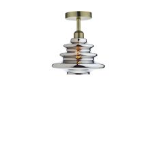 Riva 1 Light E27 Antique Brass Semi Flush Ceiling Fixture C/W Silver Finish Ripple Glass Shade