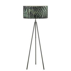 Skate 1 Light E27 Matt Black Adjustable Tripod Floor Lamp With Foot Switch C/W Bamboo Green Leaf Cotton 49cm Drum Shade