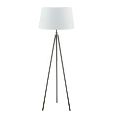 Skate 1 Light E27 Matt Black Adjustable Tripod Floor Lamp With Foot Switch C/W Cezanne White Faux Silk Tapered 45cm Drum Shade