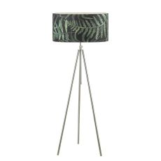 Ska 1 Light E27 Polished Chrome Adjustable Tripod Floor Lamp With Foot Switch C/W Bamboo Green Leaf Cotton 49cm Drum Shade