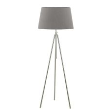 Ska 1 Light E27 Polished Chrome Adjustable Tripod Floor Lamp With Foot Switch C/W Cezanne Grey Faux Silk Tapered 45cm Drum Shade