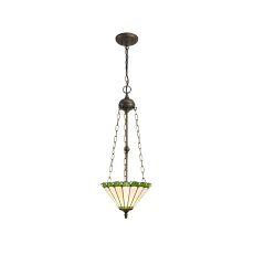 Sonoma 3 Light Uplighter Pendant E27 With 30cm Tiffany Shade, Green/Ccrain/Crystal/Aged Antique Brass