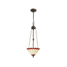 Sonoma 3 Light Uplighter Pendant E27 With 30cm Tiffany Shade, Red/Ccrain/Crystal/Aged Antique Brass