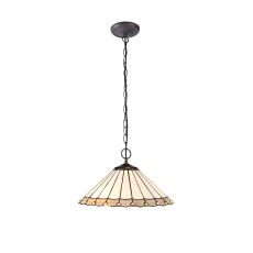 Sonoma 2 Light Downlighter Pendant E27 With 40cm Tiffany Shade, Grey/Ccrain/Crystal/Aged Antique Brass