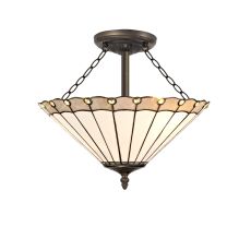 Sonoma 3 Light Semi Flush E27 With 40cm Tiffany Shade, Grey/Ccrain/Crystal/Aged Antique Brass