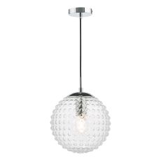 1 Light E27 Polished Chrome Adjustable Suspension With Black Braided Cable C/W Clear Hobnail Effect 25cm Glass Shade