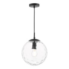 1 Light E27 Matt Black Adjustable Suspension With Black Braided Cable C/W Clear Ripple Effect 25cm Glass Shade