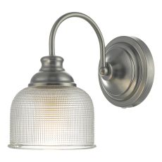 Tack 1 Light E27 Antique Chrome Wall Light With Pull Cord Switch C/W  A Grid Pattern Ribbed Glass Shade