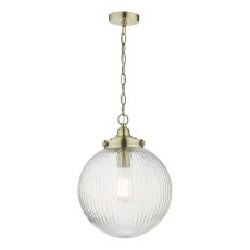 Tamara 1 Light E27 Antique Brass Adjustable Single Vintage Globe Pendant With Clear Ribbed Glass Shade