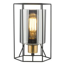 Tatum 1 Light E27 Matt Black Caged Style Table Lamp With Smoked Glass Shade And With Inline Switch