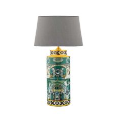 Teisha 1 Light E27 Green/Gold Animal Motif Table Lamp With In-Line Switch C/W Cezanne Grey Faux Silk Tapered 35cm Drum Shade