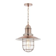 Terrace 1 Light E27 Copper Adjustable Traditional Fisherman's Lamp Pendant With Clear Glass Shade Within A Cage