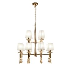 Tiffany Pendant 2 Tier 12+12 Light E14+G9, French Gold With White Shades & Clear Crystal