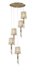 Tiffany Pendant 5+5 Light E27+G9 Spiral, Antique Brass With Soft Bronze Shades & Clear Crystal