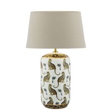 Tigris 1 Light E27 White Ceramic With Leopard Motif Table Lamp With In-Line Switch C/W Cezanne Taupe Faux Silk Tapered 45cm Drum Shade