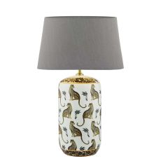 Tigris 1 Light E27 White Ceramic With Leopard Motif Table Lamp With In-Line Switch C/W Cezanne Grey Faux Silk Tapered 45cm Drum Shade