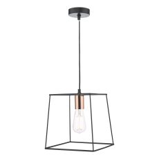 Tower 1 Light E27 Matt Black With Copper Adjustable Wire Frame Box Pendant