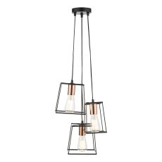 Tower 3 Light E27 Matt Black With Copper Adjustable Cluster Wire Frame Box Pendant