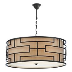 Tumola 4 Light E27 Bronze Metal Work Adjustable Pendant Complimented By Natural Linen Shade & Glass Diffuser