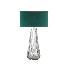 Vezzano 1 Light E27 Smoked Glass Table Lamp With Inline Dwitch C/W Akavia Green Velvet Drum Shade With Self Coloured Cotton Lining