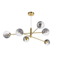 Vignette 6 Light G9 Aged Brass Adjustable Pendant Ceiling C/W 10cm Smoked & Clear Ribbed Glass Shades