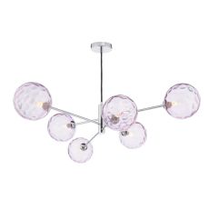 Vignette 6 Light G9 Polished Chrome Adjustable Pendant Ceiling C/W Pink Dimpled Glass Shades