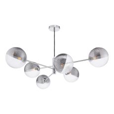 Vignette 6 Light G9 Polished Chrome Adjustable Pendant Ceiling C/W 15cm Smoked & Clear Ribbed Glass Shades